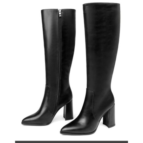 COLETER Women's Faux black Leather Knee High Boots Pointy Toe Side-Zip 4” Heel 9 - Picture 1 of 11
